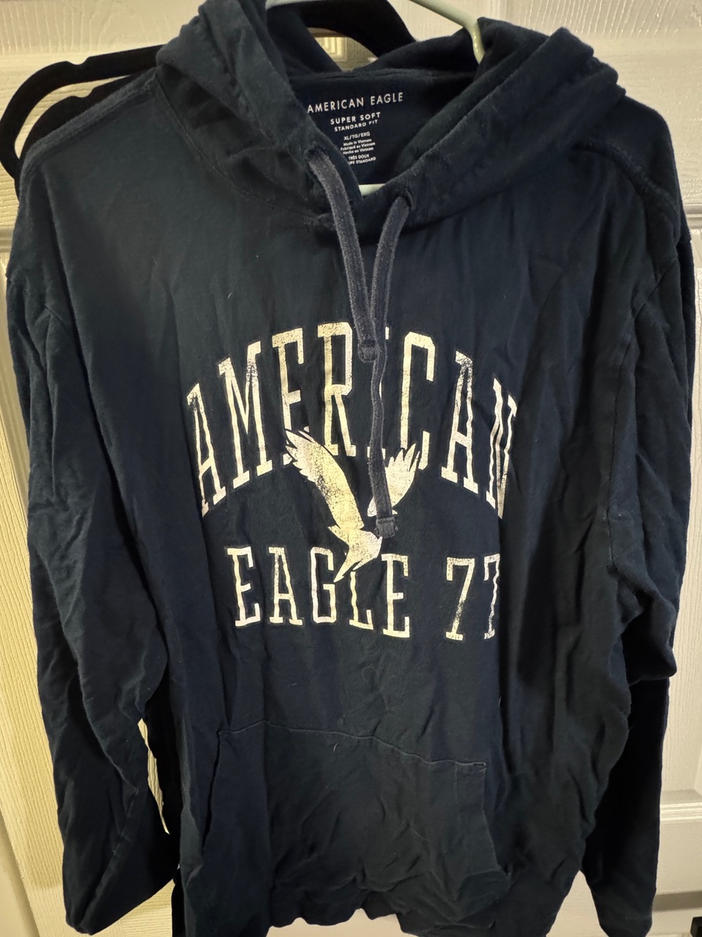 American Eagle Outfitters Navy Pullover Hoodie with Distressed Logo